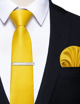YourTies Light Yellow Solid Skinny Necktie Pocket Square Set Tie Clip
