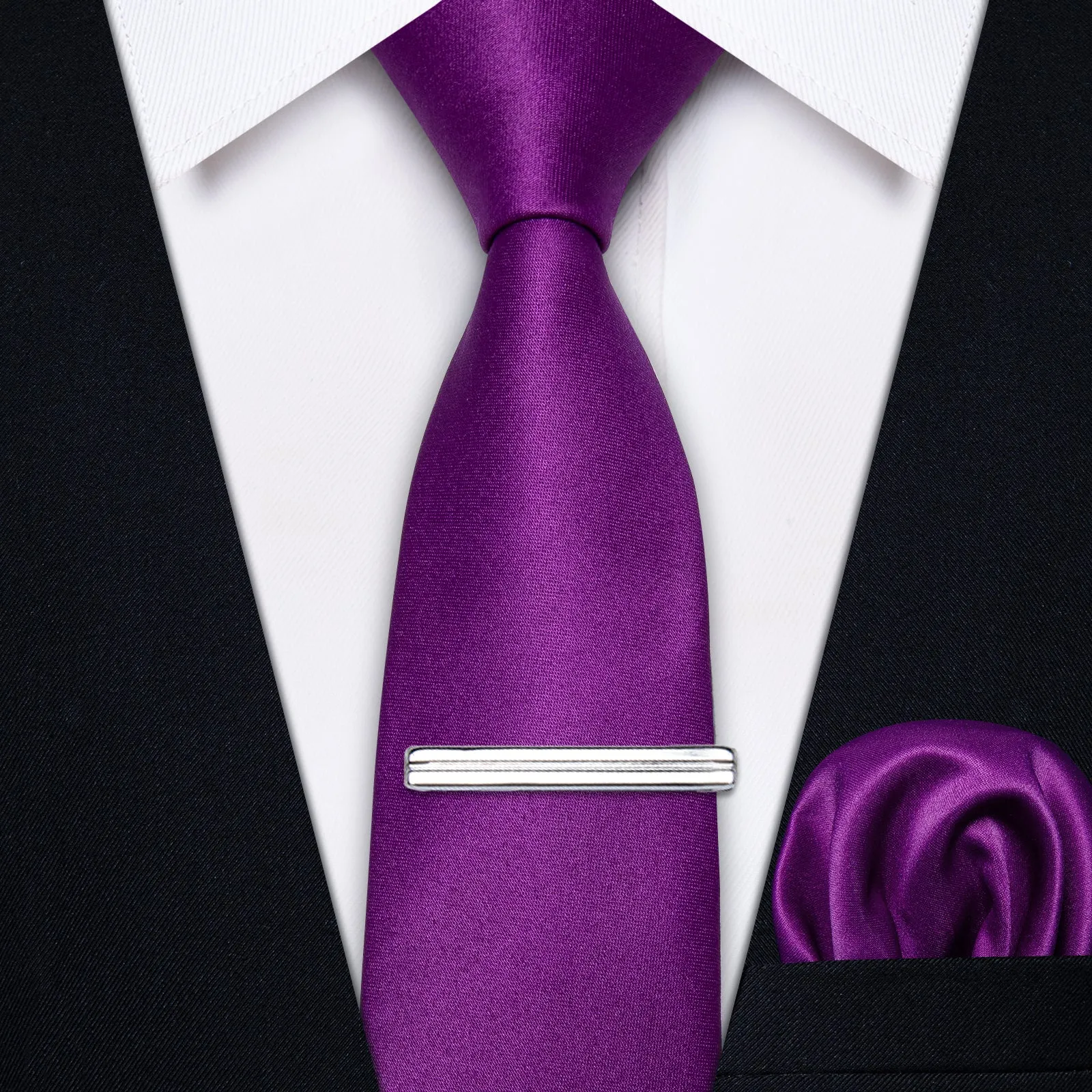 YourTies Violet Solid Skinny Necktie Pocket Square Set with Tie Clip