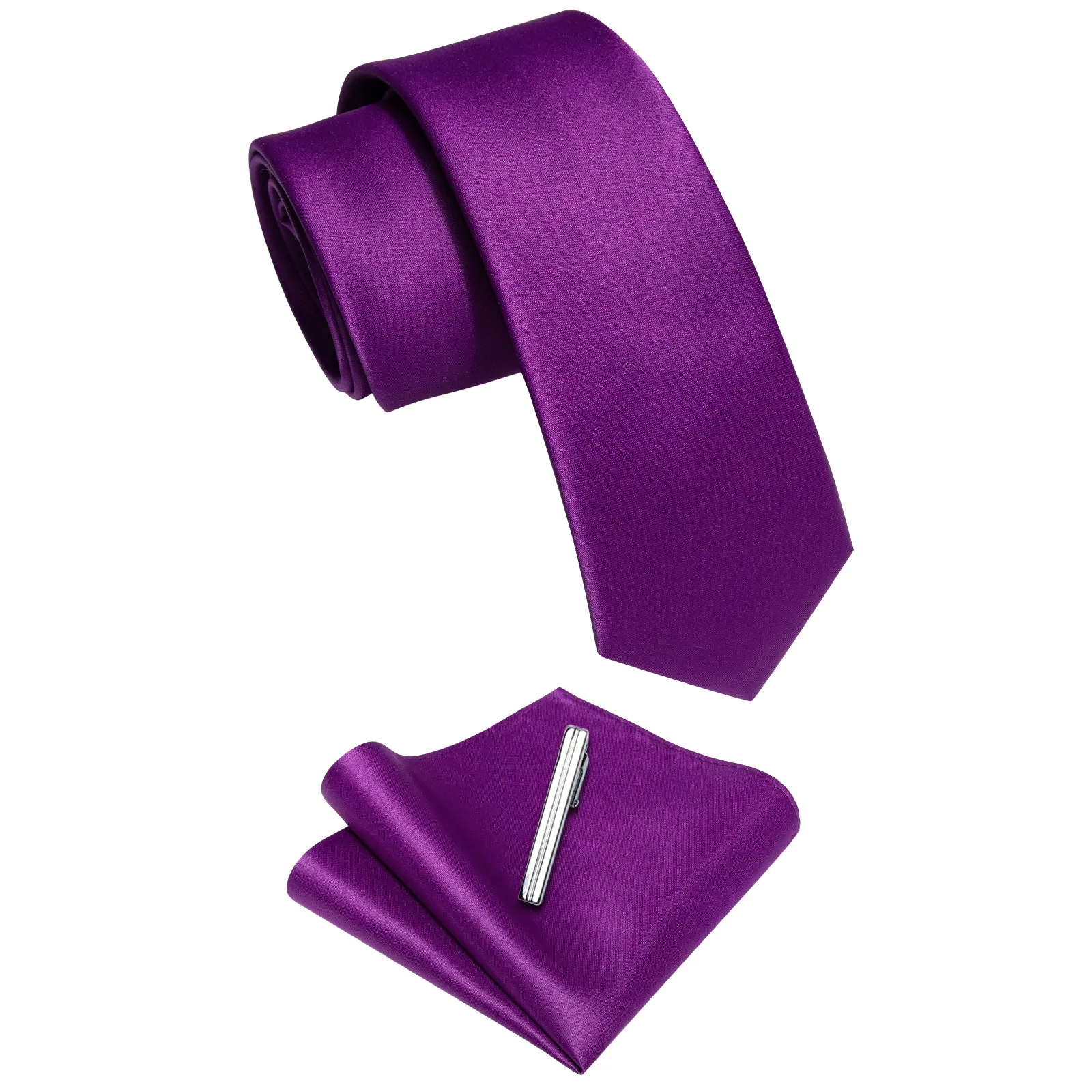 YourTies Violet Solid Skinny Necktie Pocket Square Set with Tie Clip